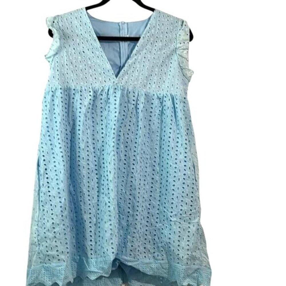 Blue Eyelet Lace Ruffle Sleeve V-Neck Dress With Lining  Short & Back Zipper Clo